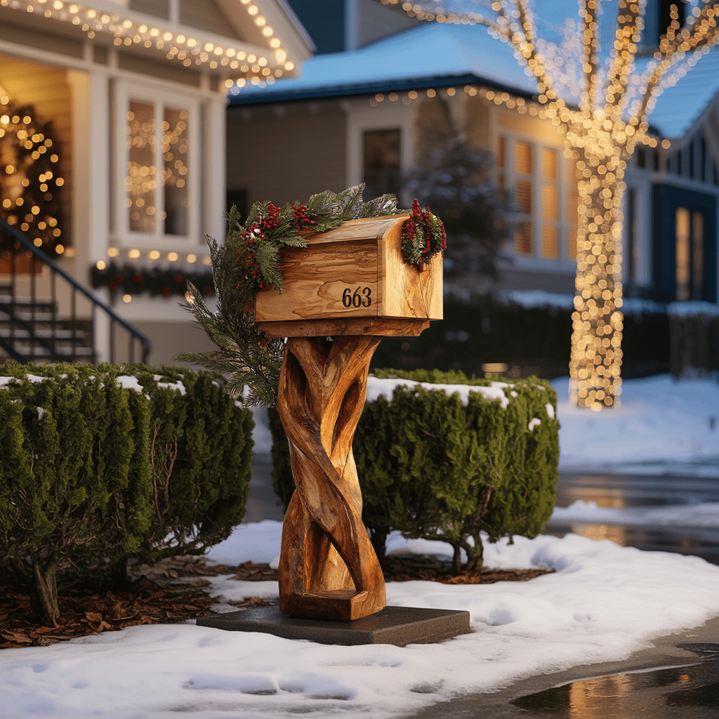 Rustic Wood Mailbox with Natural Pine Swag and Berries — Christmas Mailbox Decor