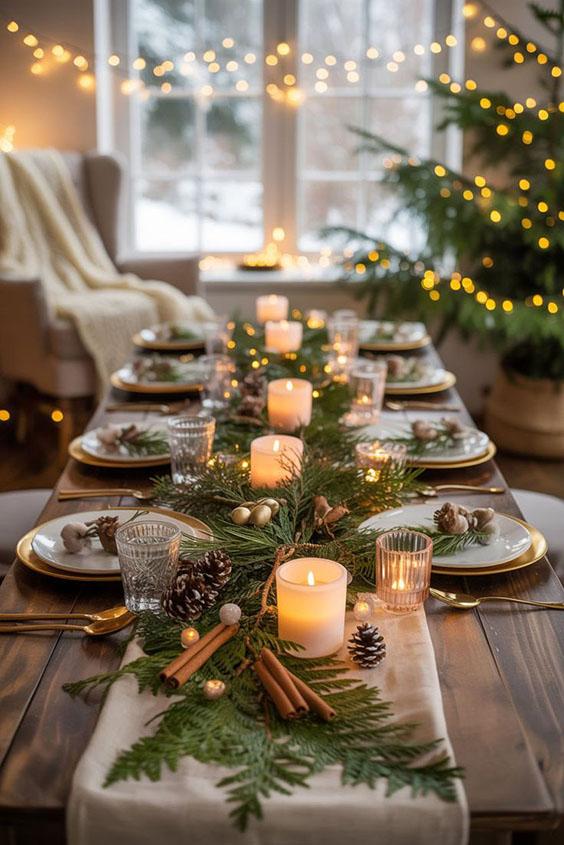 Lush Greenery Runner and Brass Candlesticks for a Grand Christmas Dinner Lush Greenery Runner and Brass Candlesticks for a Grand Christmas Dinner — Elegant Christmas Table Setting