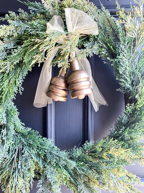 Evergreen Wreath with Metallic Gold Bells and Sheer Bow Evergreen Wreath with Metallic Gold Bells and Sheer Bow — DIY Christmas Wreath