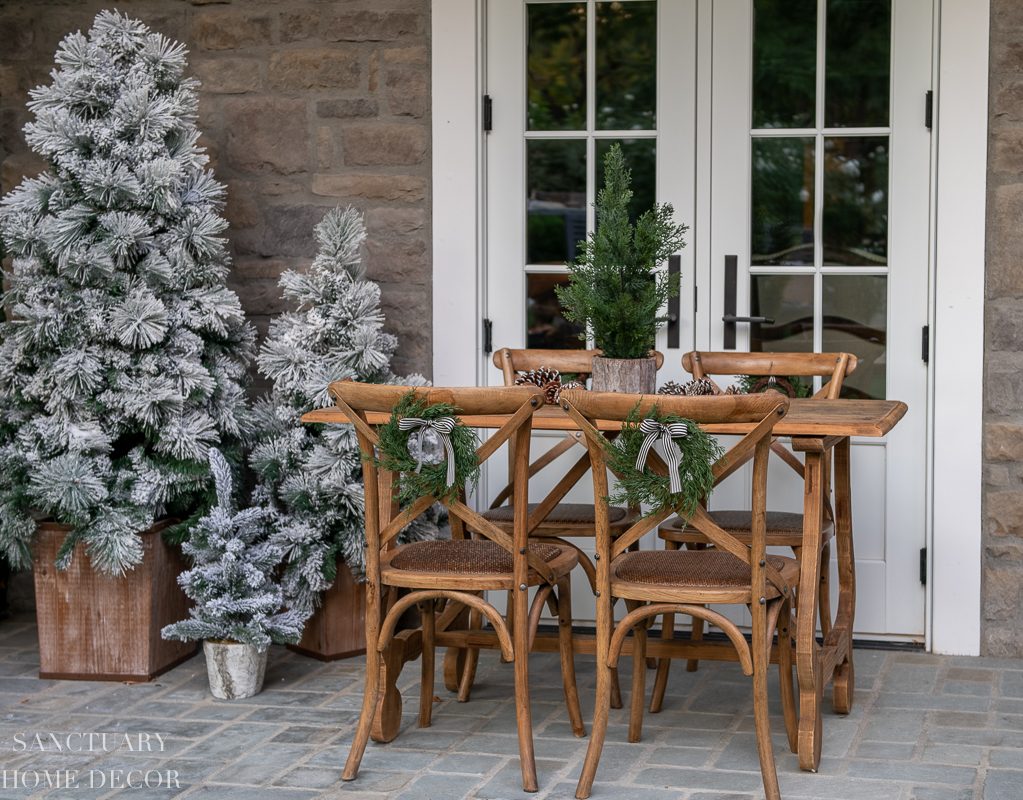 Flocked Christmas Trees and Rustic Seating Area Flocked Christmas Trees and Rustic Seating Area — Small Christmas Porch