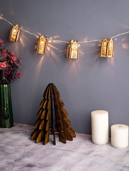 Wooden House Shaped Fairy Lights for a Cozy Vignette Wooden House Shaped Fairy Lights for a Cozy Vignette — Christmas Fairy Lights Wall