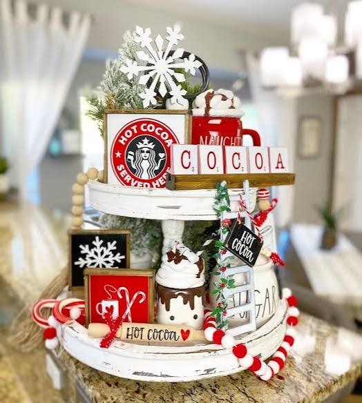 Modern Farmhouse 'Hot Cocoa' Themed Tiered Tray — Christmas Tiered Tray