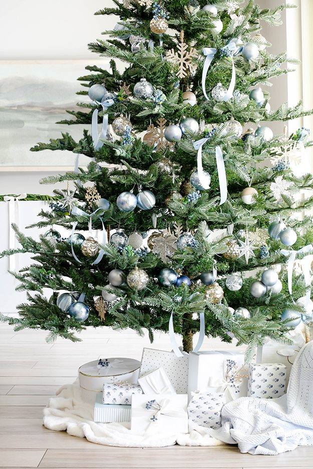 Serene Blue, White, and Silver Christmas Tree Display — Blue Christmas Decor