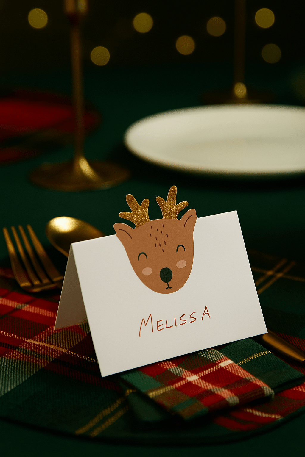 Whimsical Glittery Reindeer Face Place Card Whimsical Glittery Reindeer Face Place Card — Christmas Place Cards