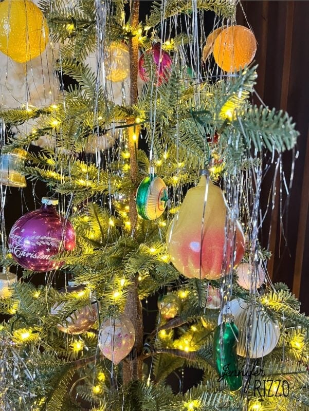 Vintage Christmas Tree with Tinsel, Oranges, and Pear Ornaments