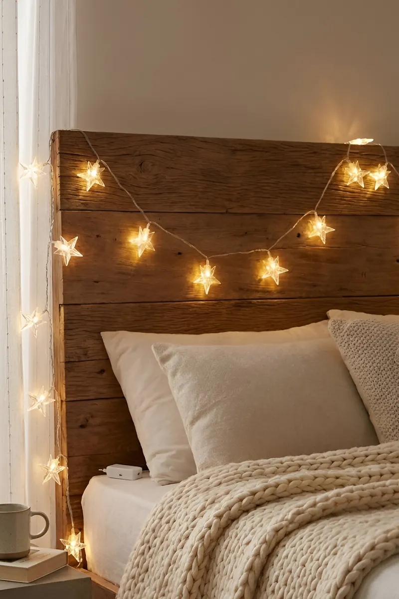 Modern Rustic Headboard Adorned with Star-Shaped Fairy Lights — Christmas Fairy Lights Headboard