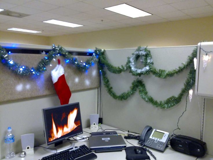 Festive Tinsel Garland and Red Stocking in Cubicle Festive Tinsel Garland and Red Stocking in Cubicle — Christmas Office Decor Ideas