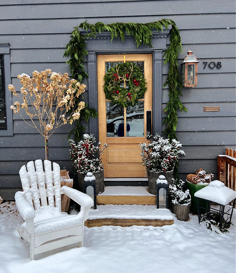 Snowy Entrance with Classic Wreath, Garland, and Adirondack Chair Snowy Entrance with Classic Wreath, Garland, and Adirondack Chair — Christmas Yard Decor