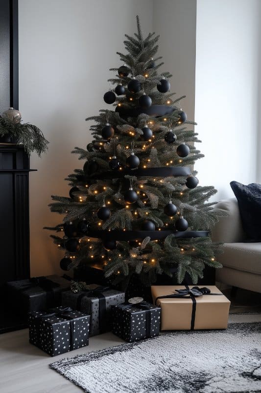 Monochromatic Black Christmas Tree with Black Ornaments Monochromatic Black Christmas Tree with Black Ornaments — Black and Gold Christmas Tree