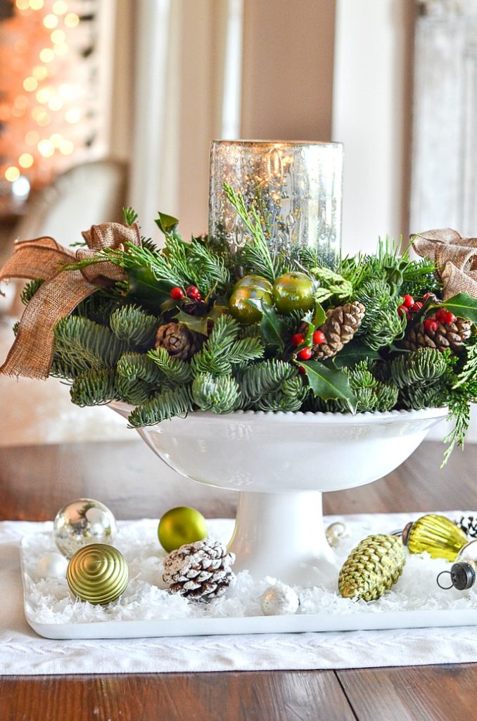 Traditional Footed Bowl with Ornaments and Burlap — Christmas Centerpiece