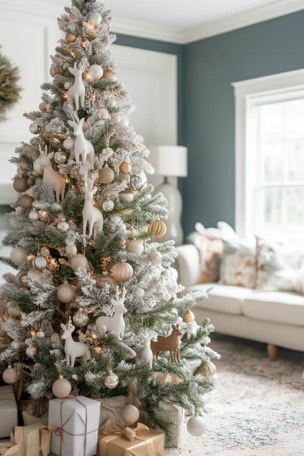 Elegant Flocked White Tree with Gold Ribbon and Neutral Gifts Elegant Flocked White Tree with Gold Ribbon and Neutral Gifts — White Christmas Tree Decor