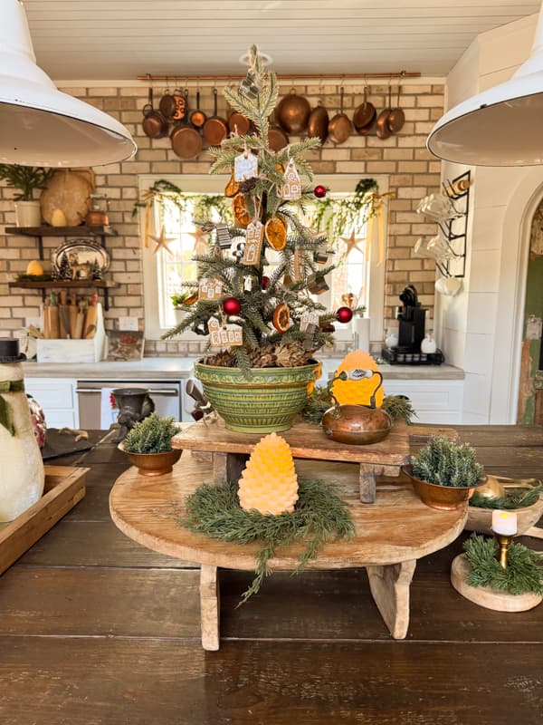 Kitchen Table with Mini Tree and Copper Pots — Rustic Christmas Decor