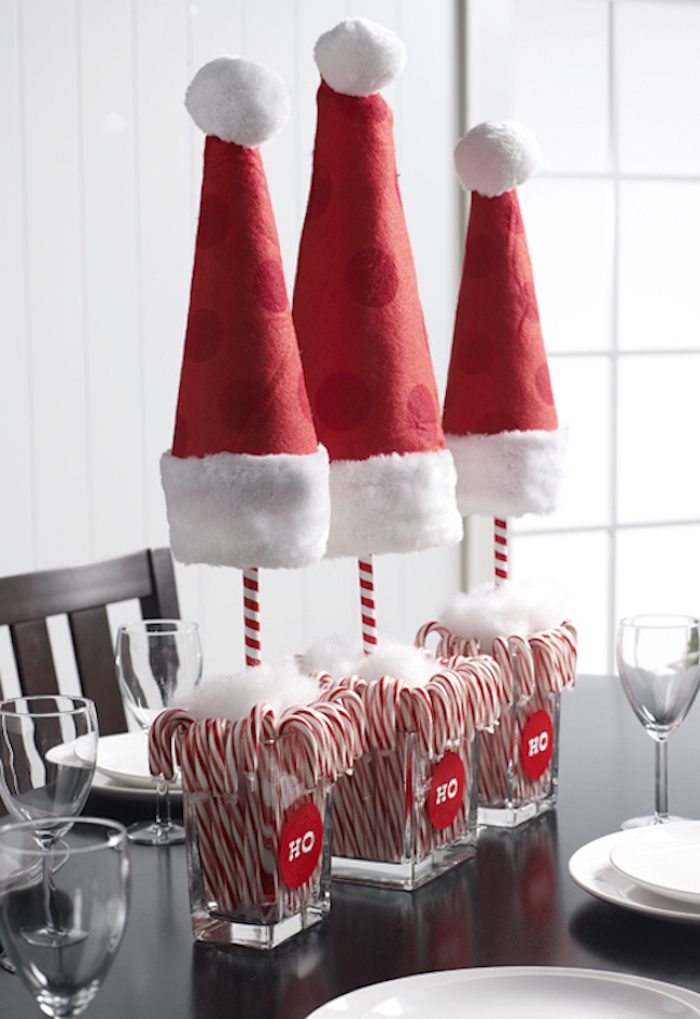 Whimsical Santa Hat Christmas Trees in Candy Cane Vases — Dollar Tree Christmas Decor