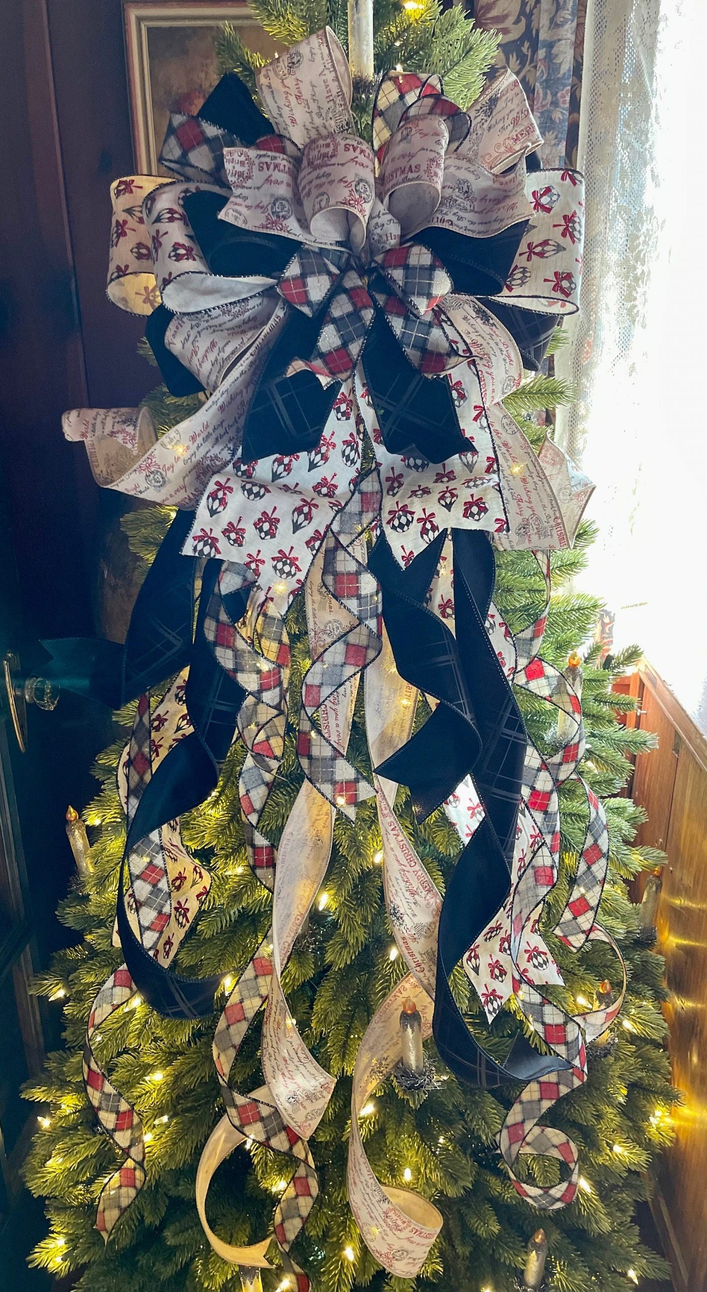 Elegant Plaid Ribbon Bow with Script Accents — Bow Christmas Tree Topper