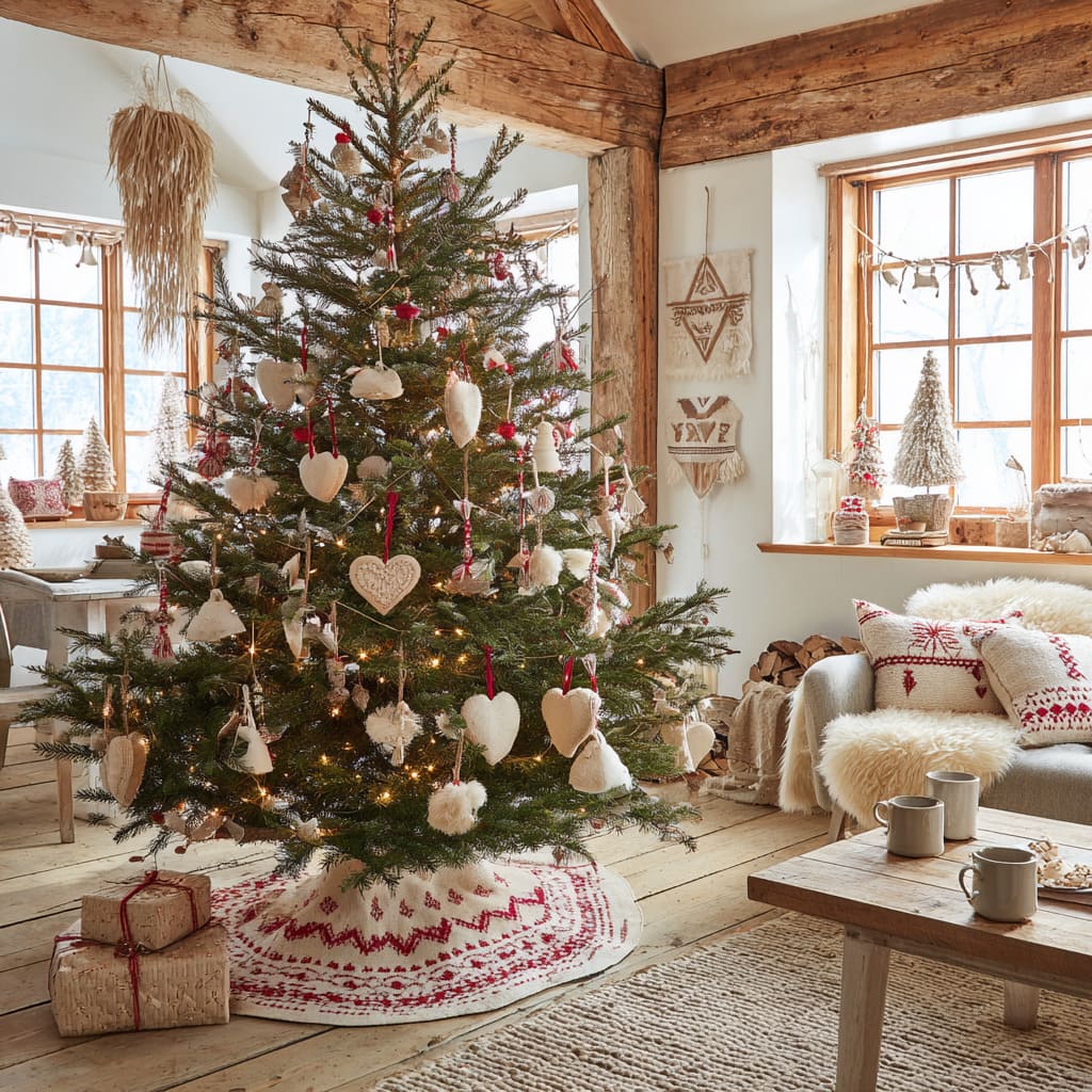 Scandinavian Tree with Handmade Ornaments and Cozy Textiles Scandinavian Tree with Handmade Ornaments and Cozy Textiles — Scandinavian Christmas Tree