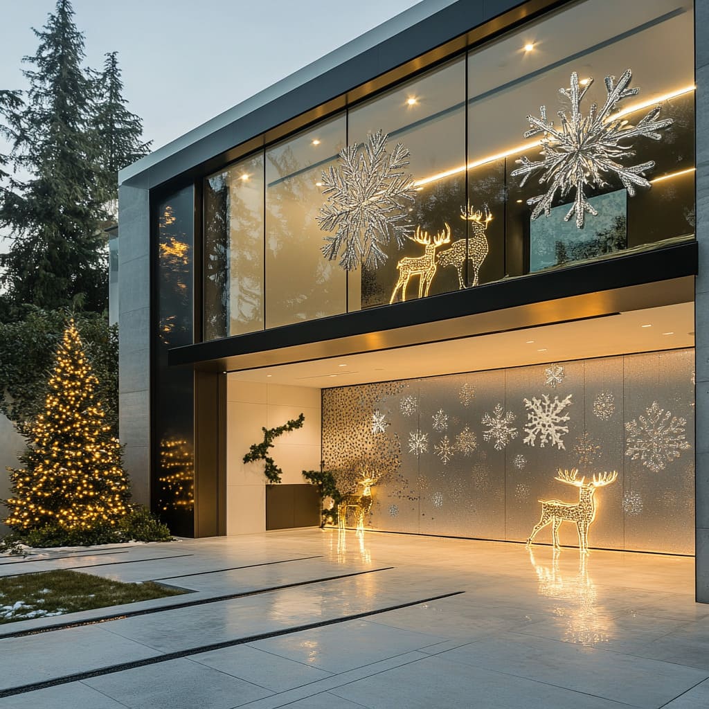 Elegant Modern Home with Illuminated Snowflake and Reindeer Figures — Christmas House Exterior Decor