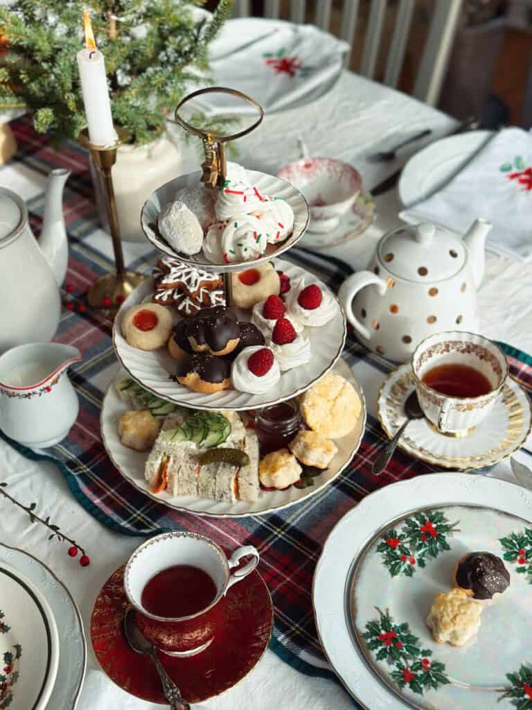 Christmas Tea Party Dessert Table with Tiered Stands and Teacups Christmas Tea Party Dessert Table with Tiered Stands and Teacups — Christmas Dessert Table