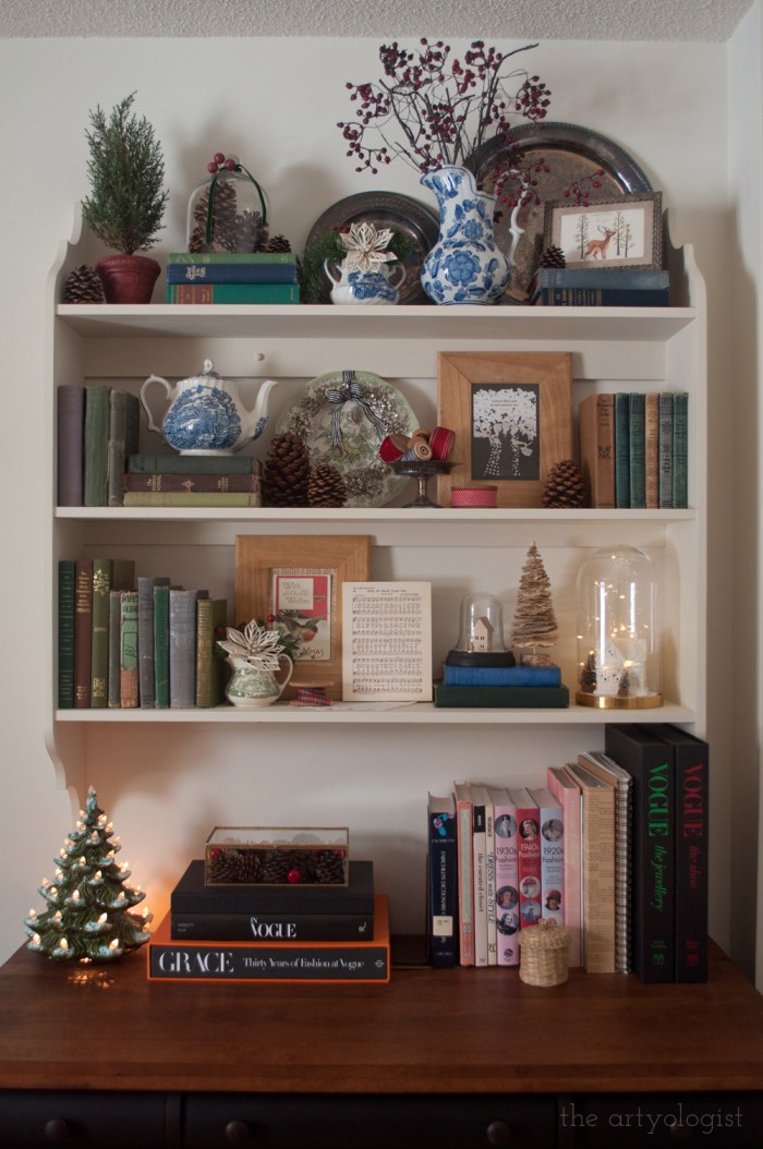 Eclectic Bookshelf with Ceramic Tree and Village Houses Eclectic Bookshelf with Ceramic Tree and Village Houses — Christmas Bookshelf Decor