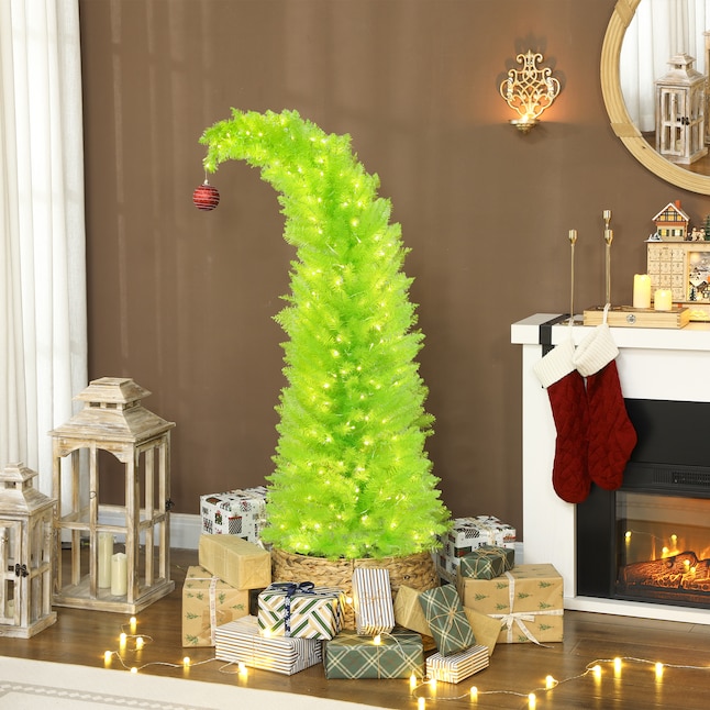 Lime Green Curved Christmas Tree with Wicker Basket Base Lime Green Curved Christmas Tree with Wicker Basket Base — Whimsical Christmas Decor
