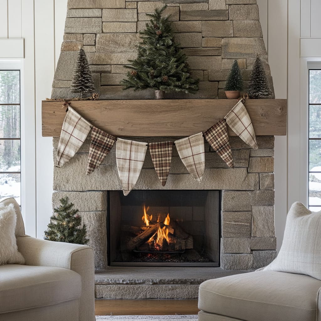 Rustic Stone Mantel with Plaid Banner and Natural Greenery — Christmas Mantel Decor