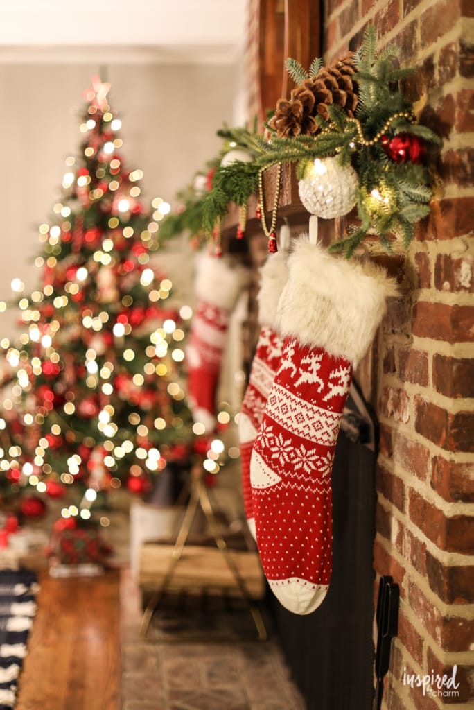 Cozy Rustic Fireplace with Red Knit Stockings Cozy Rustic Fireplace with Red Knit Stockings — Aesthetic Christmas Decor