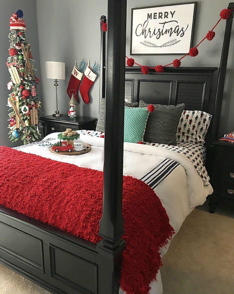 'Merry Christmas' Sign and Festive Tree in Modern Bedroom — Kids Bedroom Christmas Decor
