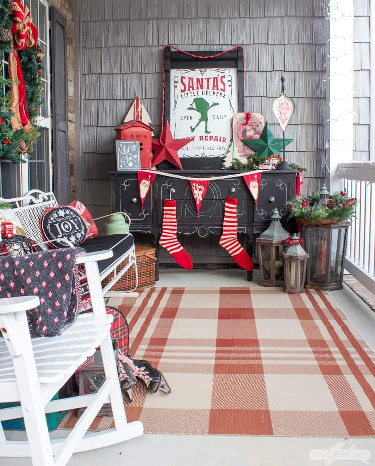 Vintage Christmas Porch with Dresser and Festive Signs — Christmas Porch Decor