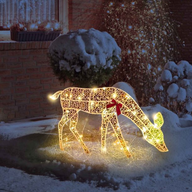 Illuminated Wireframe Deer with Red Bow on Snowy Ground Illuminated Wireframe Deer with Red Bow on Snowy Ground — Christmas Yard Decor