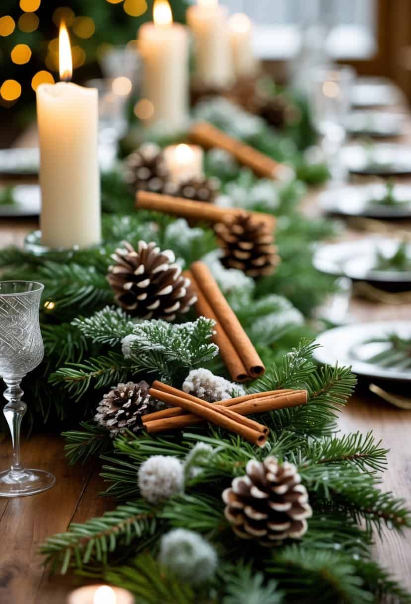 Snow-Dusted Pine Garland Runner with Cinnamon and Candles Snow-Dusted Pine Garland Runner with Cinnamon and Candles — Christmas Wedding Centerpiece