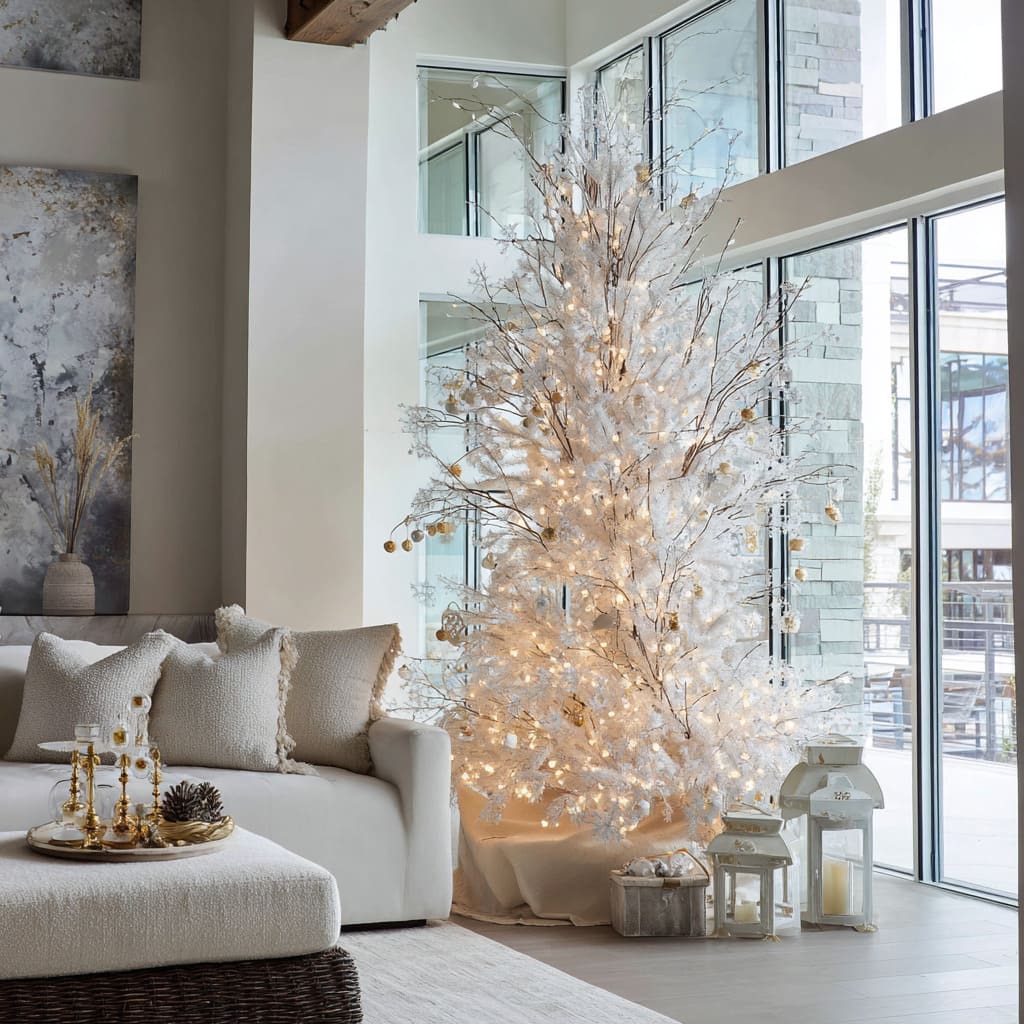 Entryway Tree on Wooden Bench with Stacked Logs — Minimalist Christmas Tree