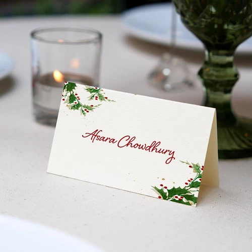 Traditional Watercolor Holly Place Card Traditional Watercolor Holly Place Card — Christmas Place Cards