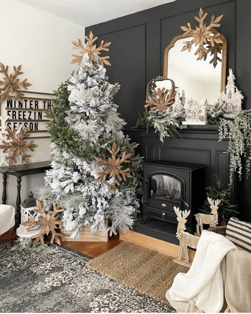 Modern Farmhouse Living Room with Flocked Tree and Wooden Snowflakes — Winter Decor After Christmas