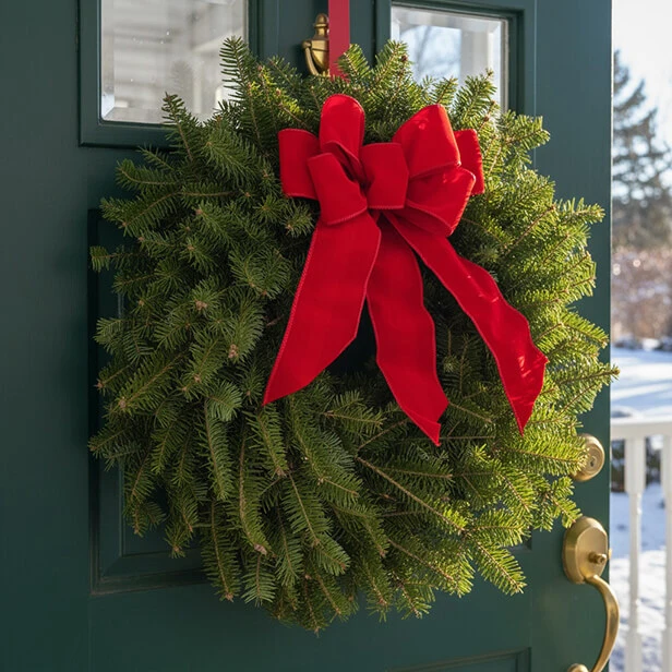 Classic Fir Wreath with Red Velvet Bow on Dark Green Door Classic Fir Wreath with Red Velvet Bow on Dark Green Door — Christmas Wreath