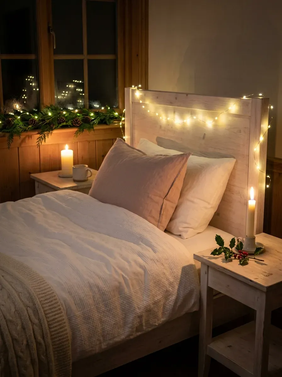Cozy Bedroom with Wooden Headboard Illuminated by Fairy Lights — Christmas Fairy Lights Headboard