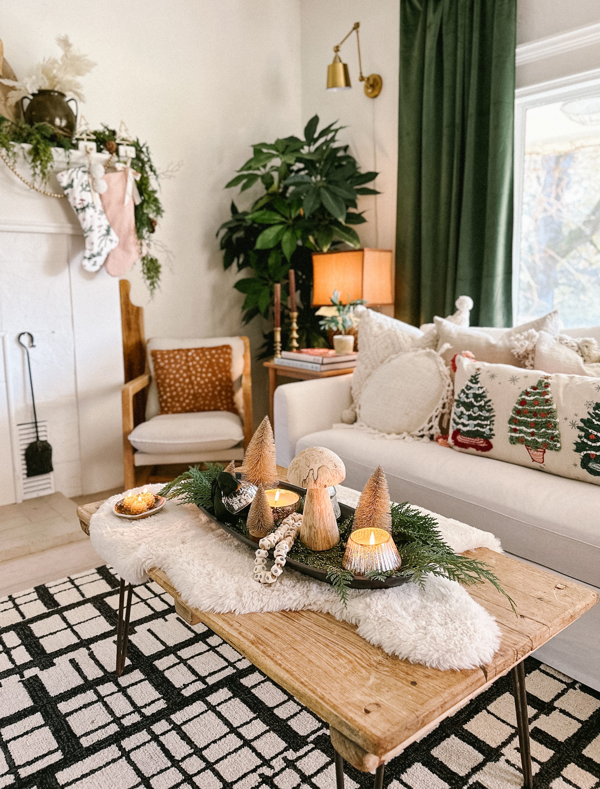 Rustic Coffee Table Vignette with Miniature Trees and Candles Rustic Coffee Table Vignette with Miniature Trees and Candles — Farmhouse Christmas Decor