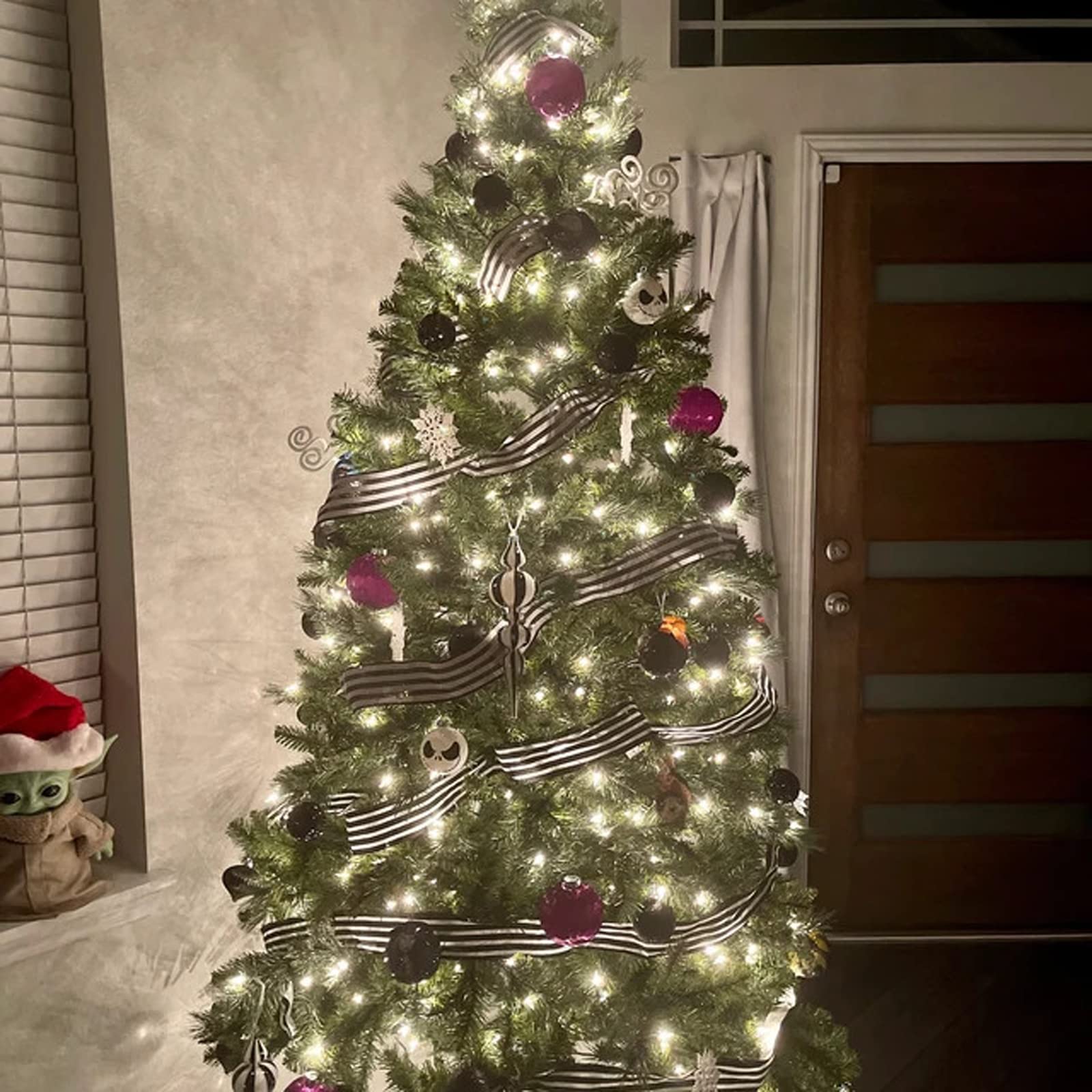 Alternative Christmas Tree with Black and White Striped Ribbon and Purple Accents — Vertical Ribbon Christmas Tree