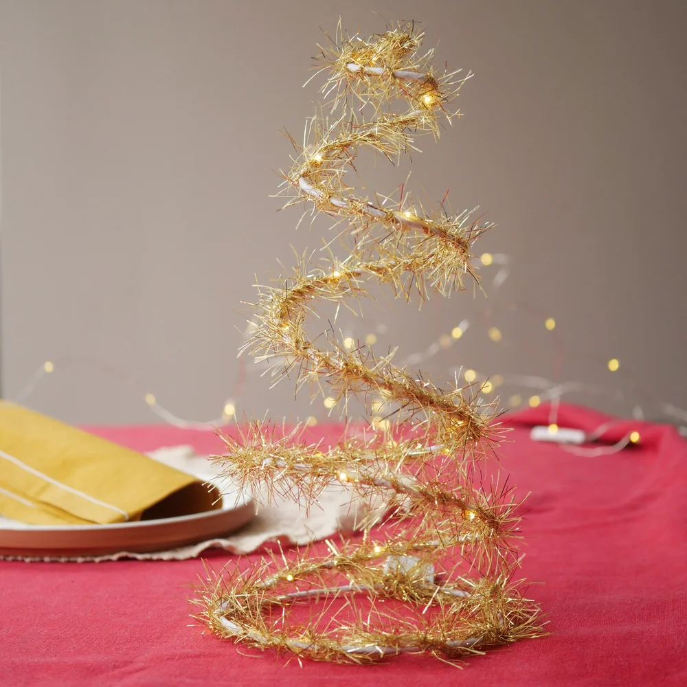 Minimalist Gold Tinsel Spiral Tree with Fairy Lights Minimalist Gold Tinsel Spiral Tree with Fairy Lights — Tabletop Christmas Tree Decor