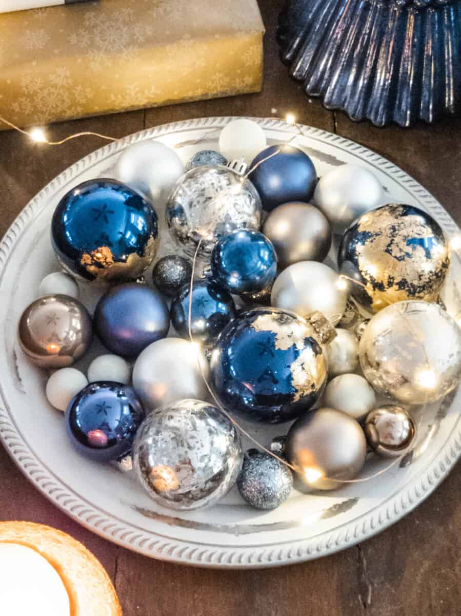 Festive Blue, Gold, and Silver Ornament Display Tray — Blue Christmas Decor