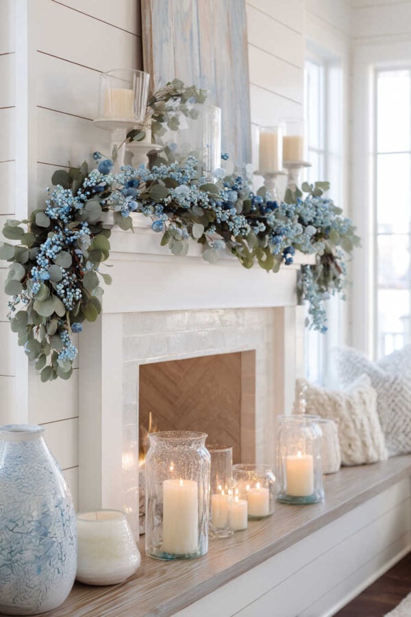 Coastal Christmas Mantel with Eucalyptus and Blue Berry Garland Coastal Christmas Mantel with Eucalyptus and Blue Berry Garland — Christmas Decor