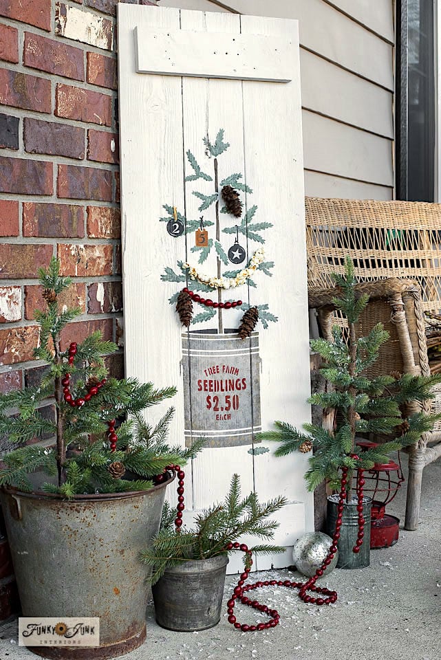 Creative Farmhouse Porch with Rustic Tree Sign and Potted Trees — Farmhouse Christmas Porch