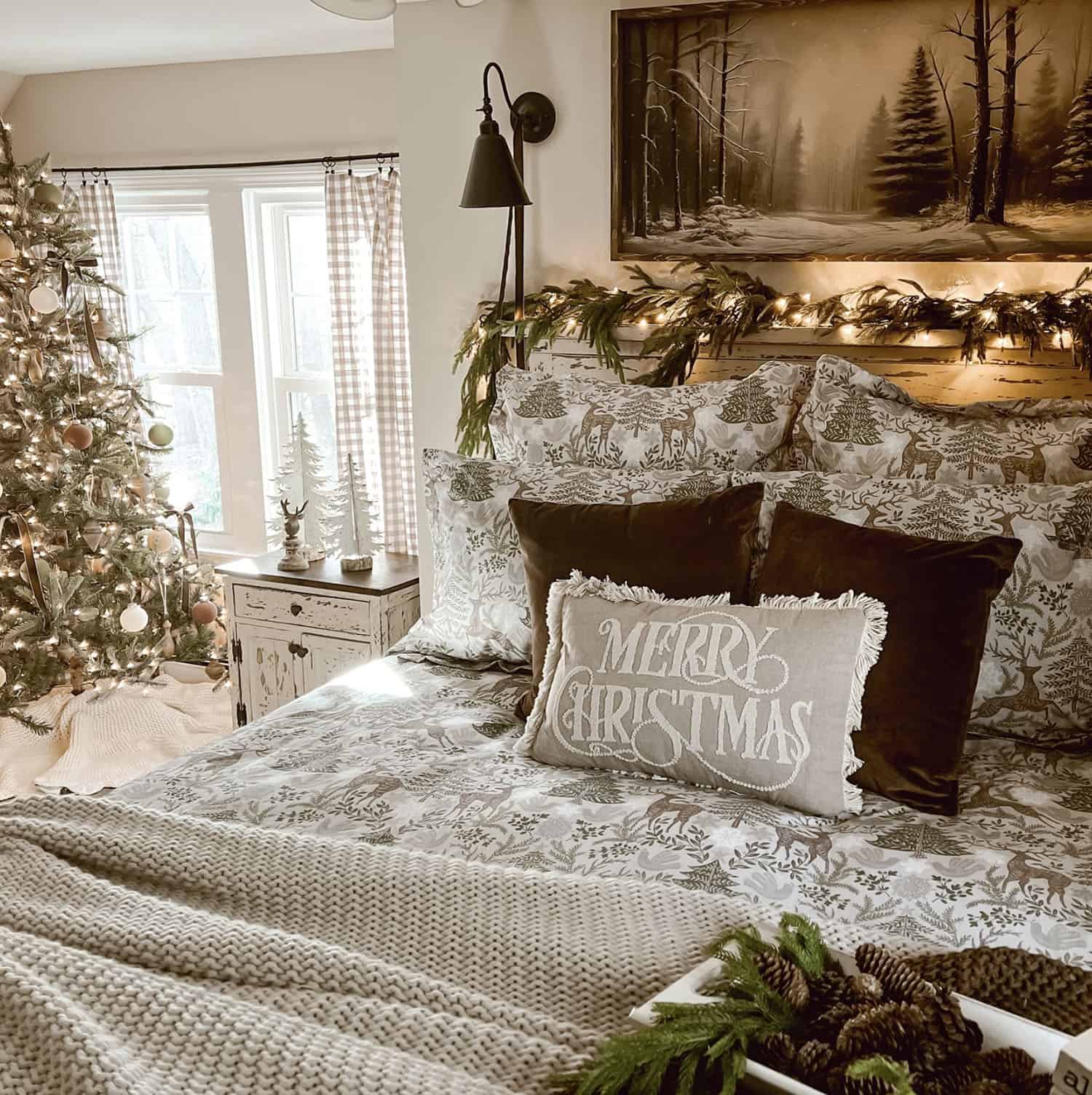 Cozy Bedroom with Twinkling Christmas Tree and Deer Motif Bedding — Cozy Christmas Decor