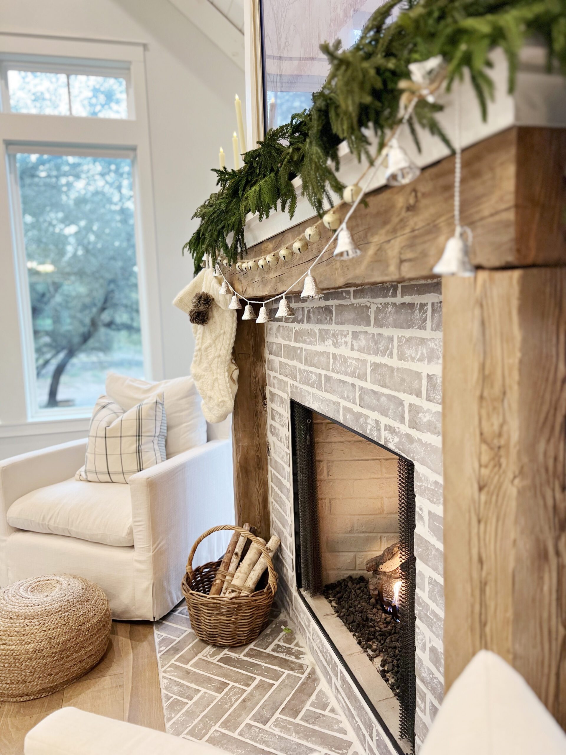 Rustic Wooden Mantel with Greenery and Knit Stocking Rustic Wooden Mantel with Greenery and Knit Stocking — Farmhouse Christmas Mantel