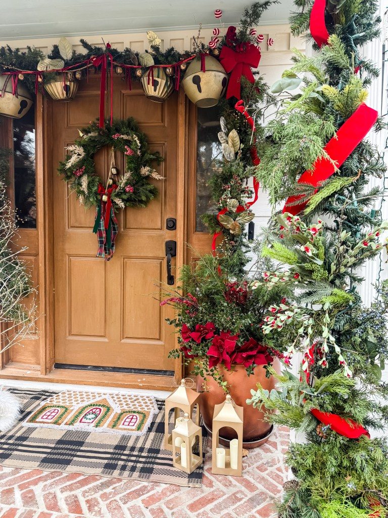 Festive Doorway with Wreath, Garland, and Golden Bells Festive Doorway with Wreath, Garland, and Golden Bells — Small Christmas Porch