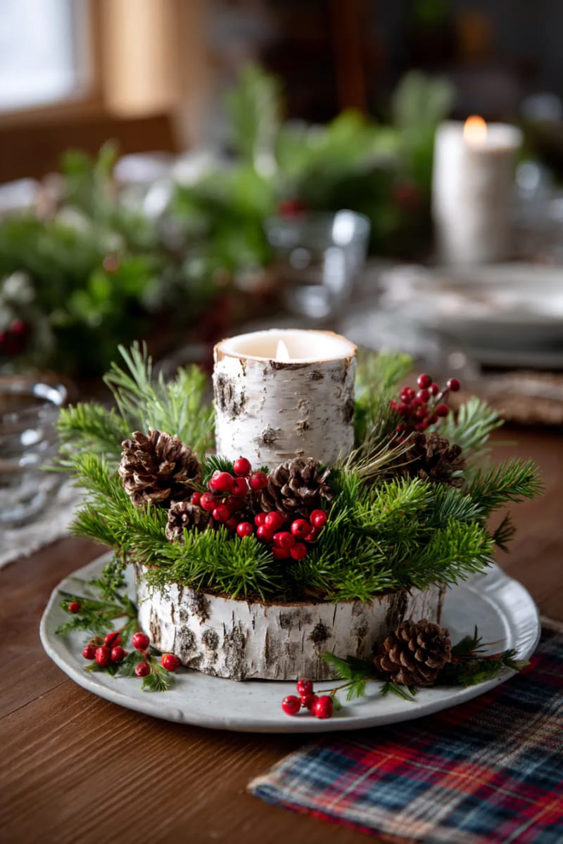 Woodland Style with Birch Logs and a Pillar Candle — Christmas Centerpiece