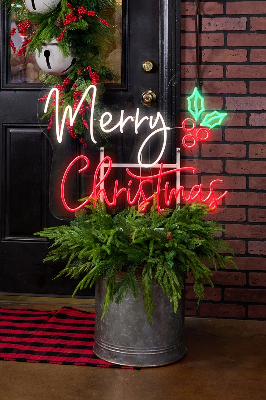 Modern Merry Christmas Neon Sign with Greenery Planter Modern Merry Christmas Neon Sign with Greenery Planter — Christmas Yard Decor