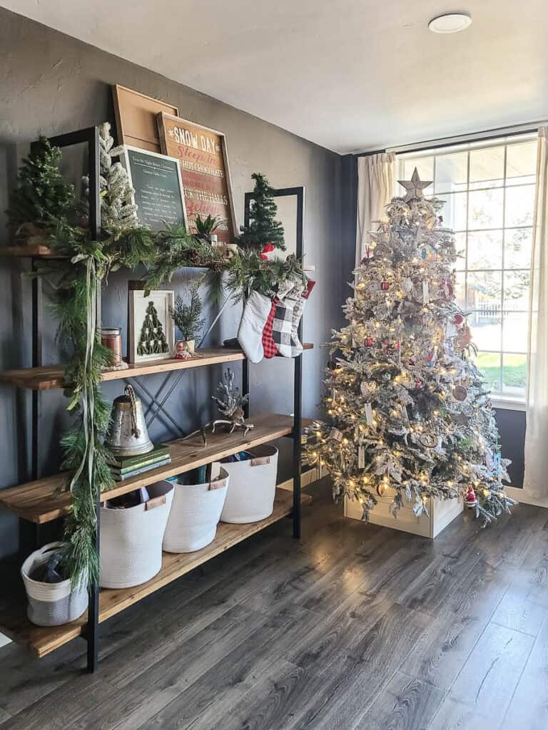 Large Flocked Farmhouse Tree with Metal Shelving Unit — Rustic Christmas Tree