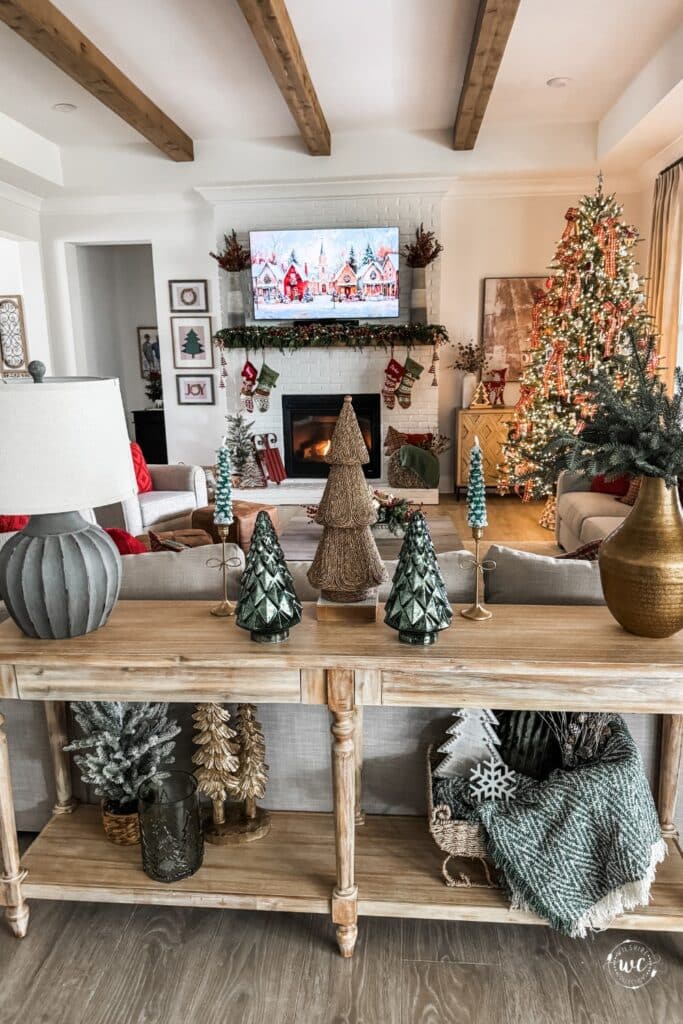 Farmhouse Living Room Console Table with Decorative Trees — Cozy Christmas Decor