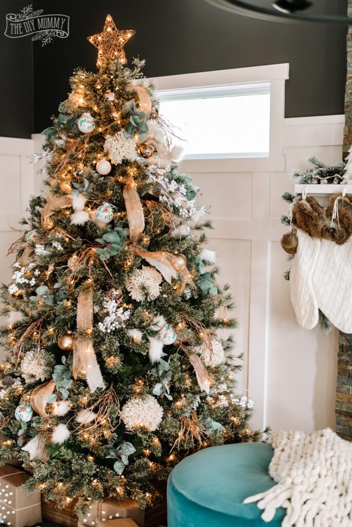 Boho Christmas Tree with Gold Ribbon and Teal Accents — Boho Christmas Decor