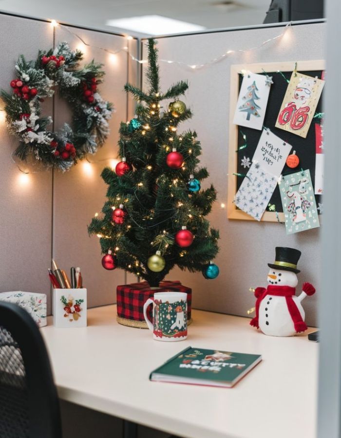 Mini Christmas Tree and Wreath on Cubicle Wall Mini Christmas Tree and Wreath on Cubicle Wall — Christmas Office Decor Ideas
