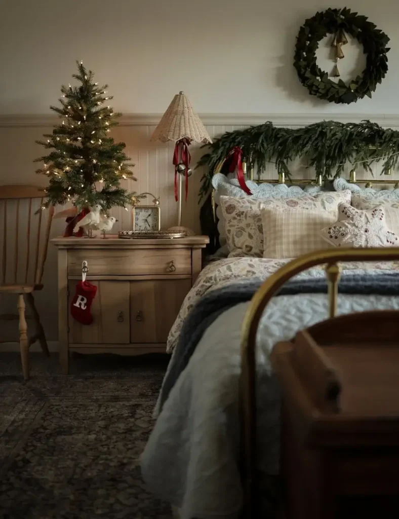 Cozy Farmhouse Bedroom with Miniature Christmas Tree Cozy Farmhouse Bedroom with Miniature Christmas Tree — Christmas Bedroom Decor